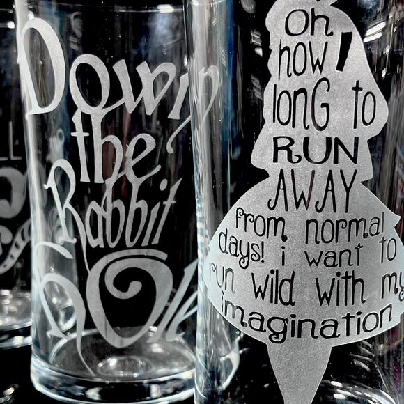 Alice In Wonderland Parfait Etched Glass Set of 4 Custom Made Footed Clear OOAK - Picture 6 of 10